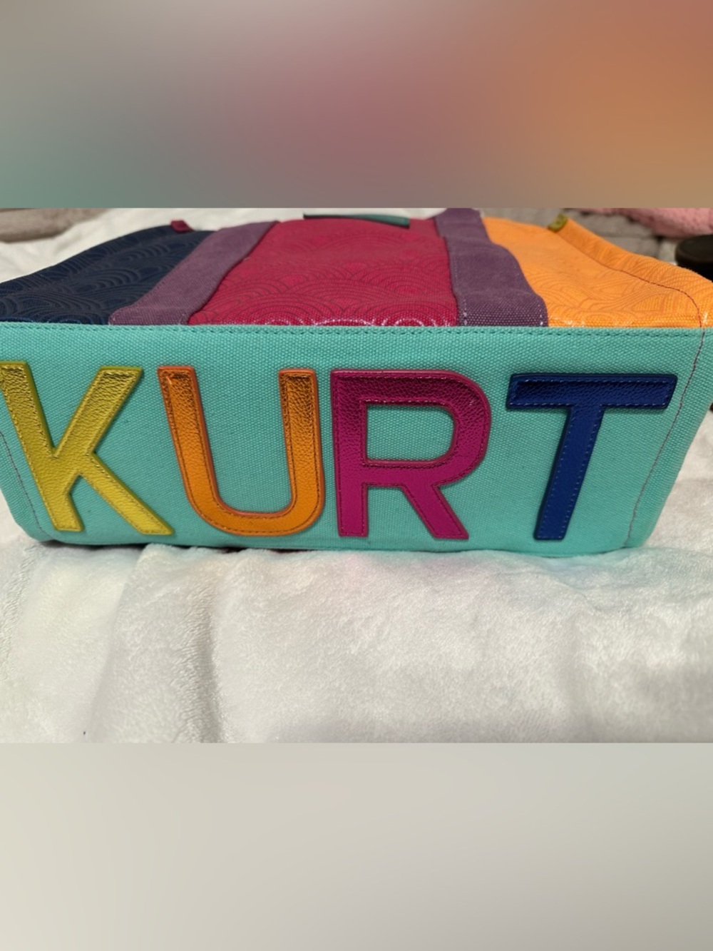 Kurt Geiger Teal Canvas Panel with Pink and Gold Lettering